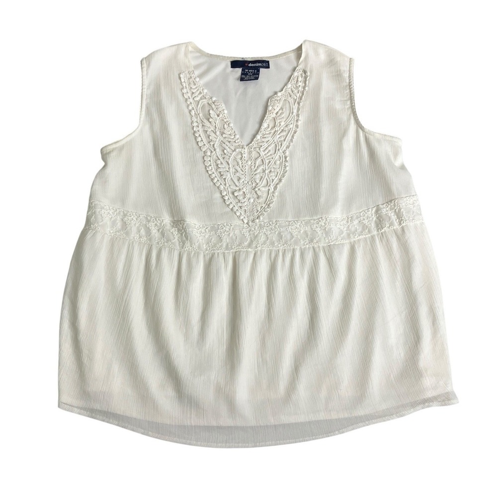 Denim 24/7 Top Women 16W Ivory Embroidered Lace Crinkle Gauzy Flowy Tank Cottage